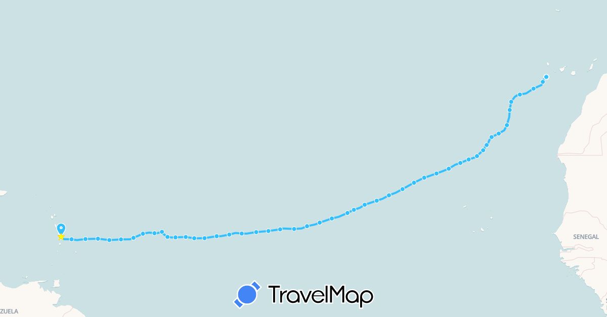 TravelMap itinerary: boat in Spain, France, Martinique (Europe, North America)